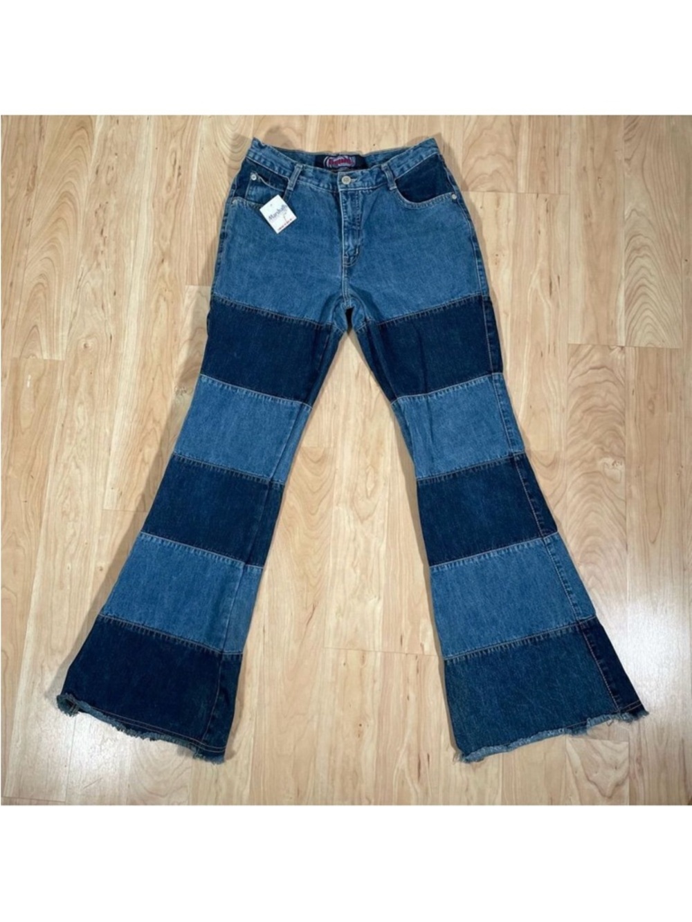 NWT Liquid Sz 9 Subdued Patchwork flare high rise trendy unique awesome jeans